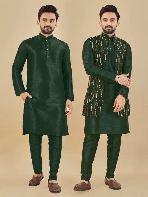 men embroidered silk kurta with jacket - 20814640 - Very Small Image - 1