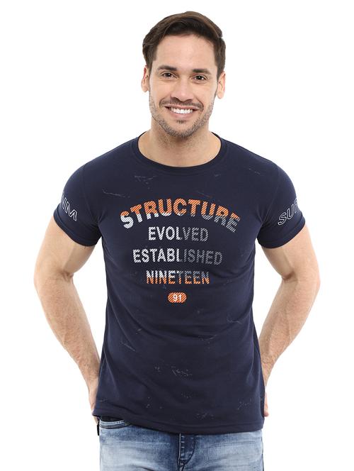 navy blue cotton chest print t-shirt - 20814695 - Very Small Image - 1