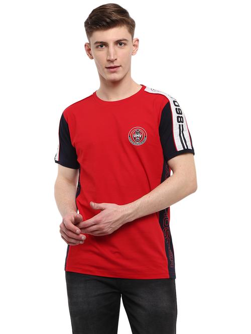 red cotton printed color block t-shirt - 20814841 - Very Small Image - 1