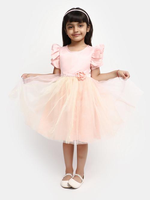 girls peach self design frock - 20815481 - Very Small Image - 1
