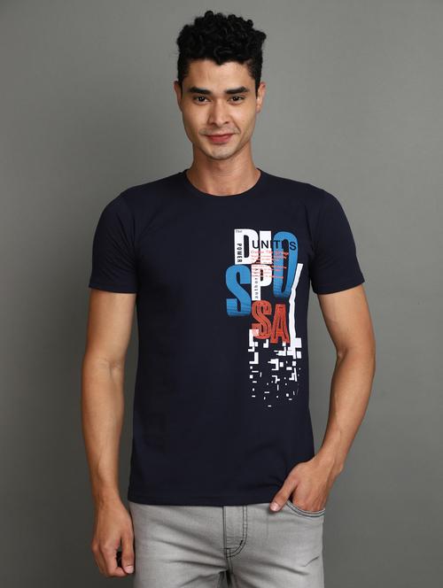 navy blue cotton chest print tshirt - 20816074 - Very Small Image - 1