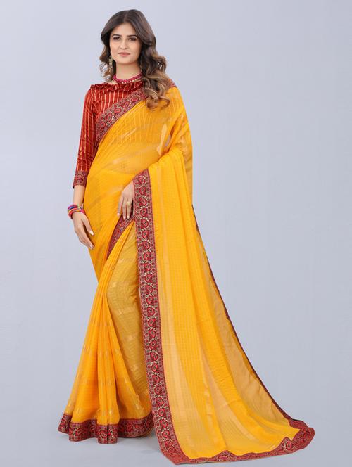 women yellow checks printed lace work saree with blouse - 20821171 - Very Small Image - 1