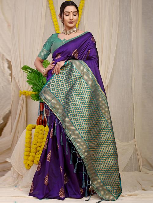 women purple self design kanjivaram saree with blouse - 20821184 - Very Small Image - 1