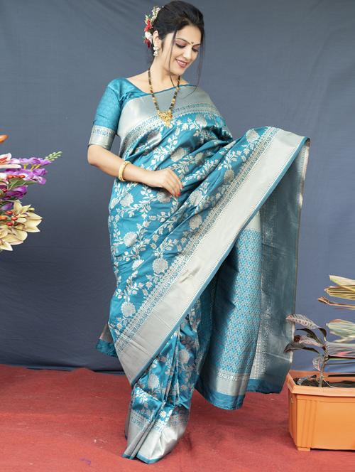 turquoise self design banarasi saree - 20821193 - Very Small Image - 1