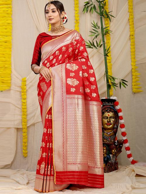 red self design banarasi saree with blouse - 20821204 - Very Small Image - 1
