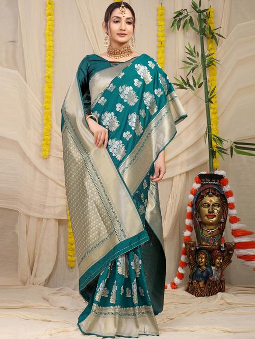 teal self design banarasi saree - 20821205 - Very Small Image - 1