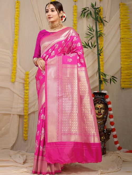 pink self design banarasi saree with blouse - 20821206 - Very Small Image - 1