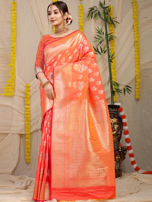 orange self design banarasi saree with blouse - 20821207 - Very Small Image - 1