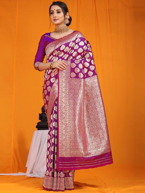 magenta self design banarasi saree - 20821213 - Very Small Image - 1