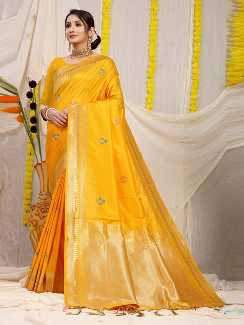 yellow self design bordered saree with blouse - 20821220 - Very Small Image - 1