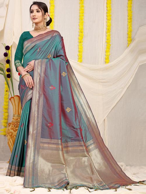 teal self design bordered saree with blouse - 20821223 - Very Small Image - 1