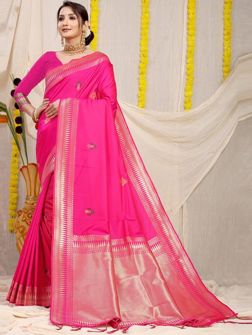 pink self design bordered saree with blouse - 20821226 - Very Small Image - 1