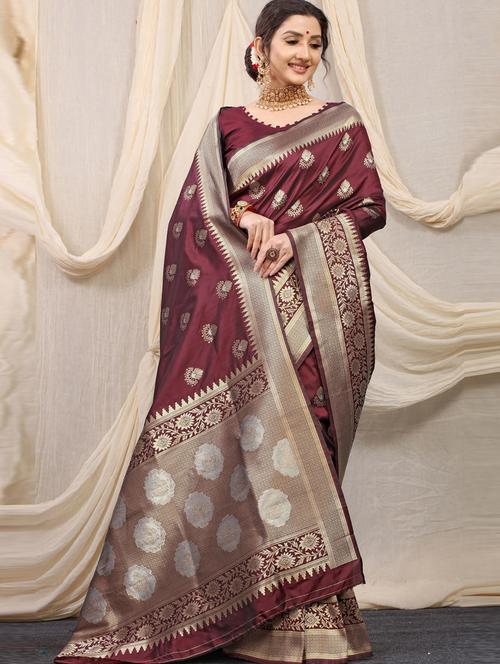 maroon self design banarasi saree with blouse - 20821240 - Very Small Image - 1