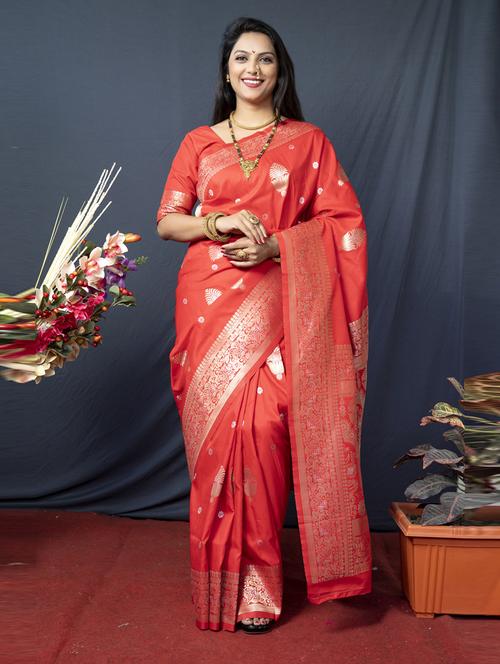 orange self design banarasi saree with blouse - 20821244 - Very Small Image - 1