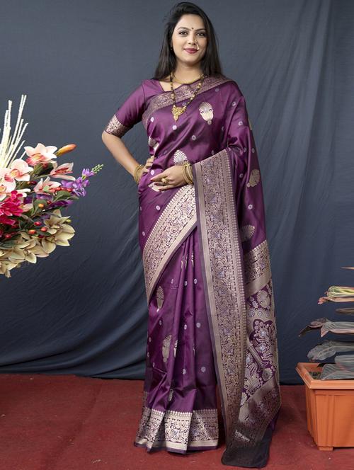 purple self design banarasi saree with blouse - 20821249 - Very Small Image - 1