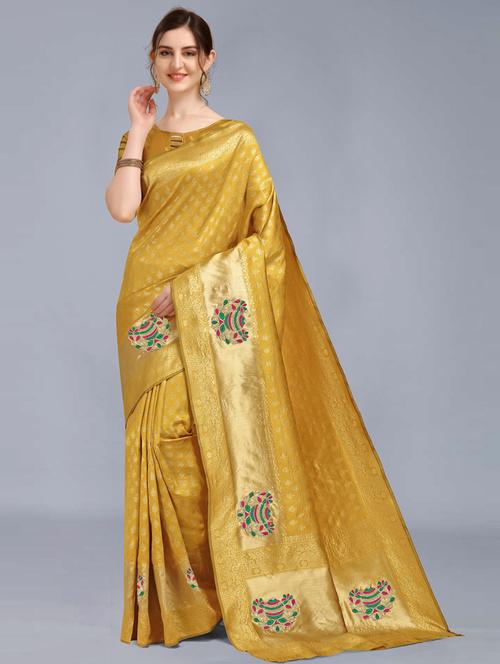 yellow self design banarasi saree - 20821252 - Very Small Image - 1
