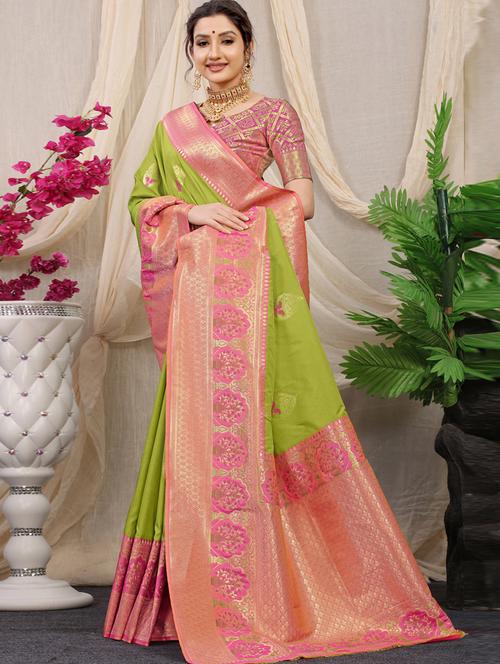 green self design bordered saree with blouse - 20821262 - Very Small Image - 1