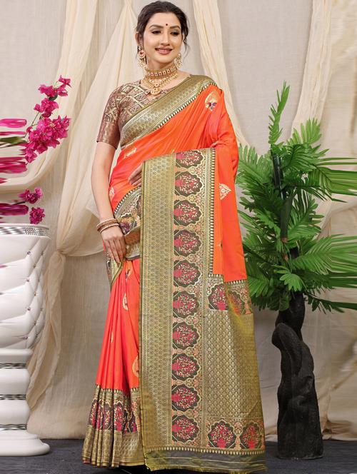 women orange self design kanjivaram saree with blouse - 20821263 - Very Small Image - 1