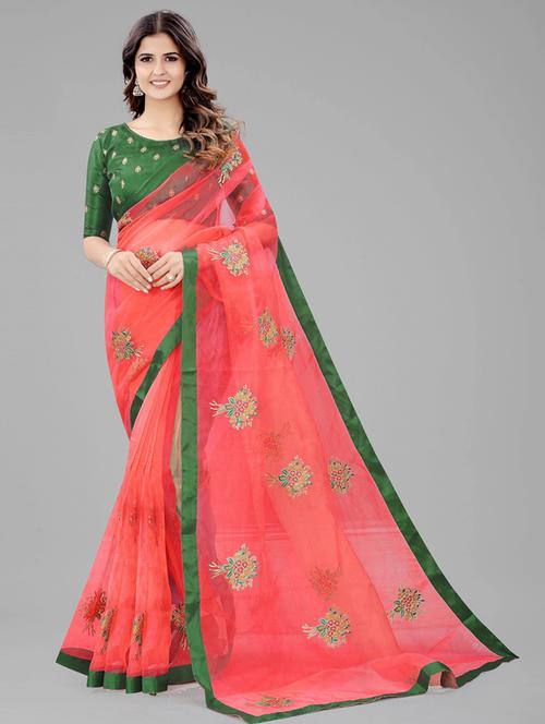 women coral embroidered saree with blouse - 20821367 - Very Small Image - 1