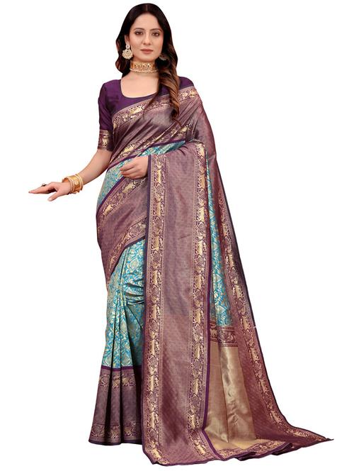turquoisee self design kanjivaram saree with blouse - 20821393 - Very Small Image - 1