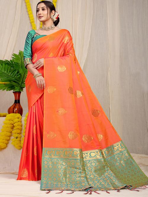 orange self design kanjivaram saree with blouse - 20821399 - Very Small Image - 1