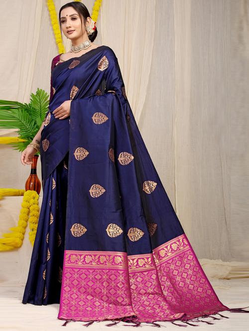 women blue self design kanjivaram saree with blouse - 20821407 - Very Small Image - 1