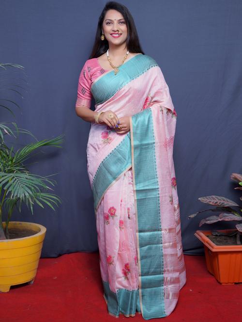 rosewater floral handloom saree with blouse - 20821415 - Very Small Image - 1