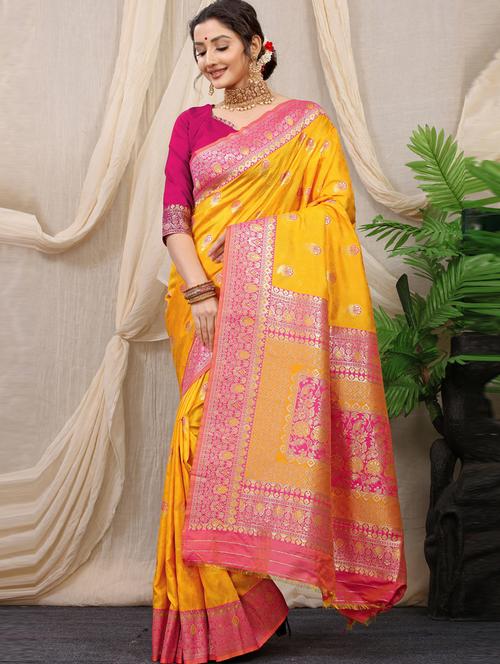 yellow self design kanjivaram saree with blouse - 20821442 - Very Small Image - 1