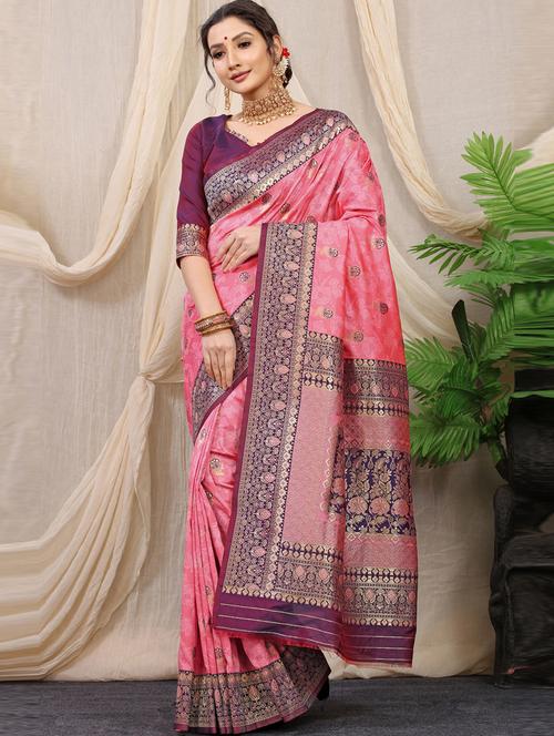 pink self design kanjivaram saree with blouse - 20821447 - Very Small Image - 1