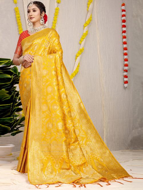 yellow self design banarasi saree with blouse - 20821457 - Very Small Image - 1