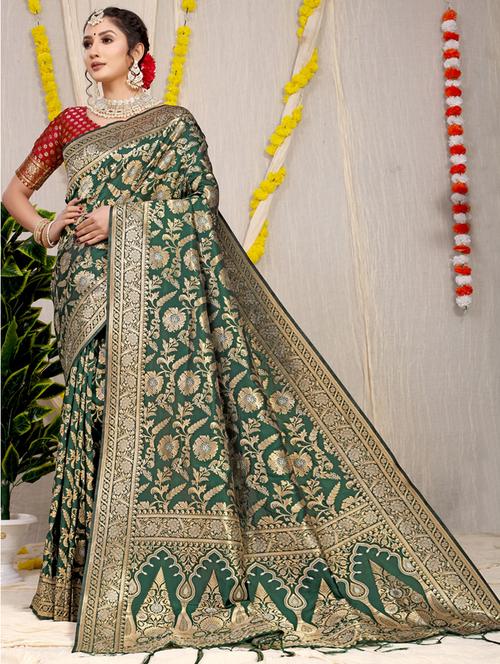 bottle green self design kanjivaram saree with blouse - 20821464 - Very Small Image - 1