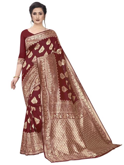 maroon self design banarasi saree with blouse - 20821491 - Very Small Image - 1