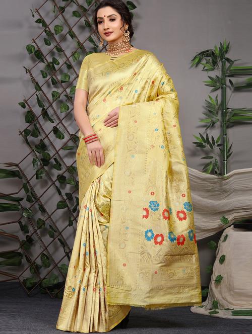 yellow self design banarasi saree with blouse - 20821561 - Very Small Image - 1