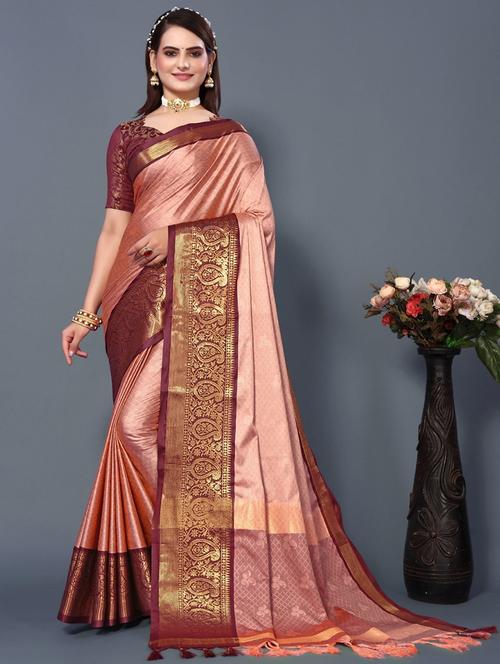 peach self design bordered saree with blouse - 20821634 - Very Small Image - 1