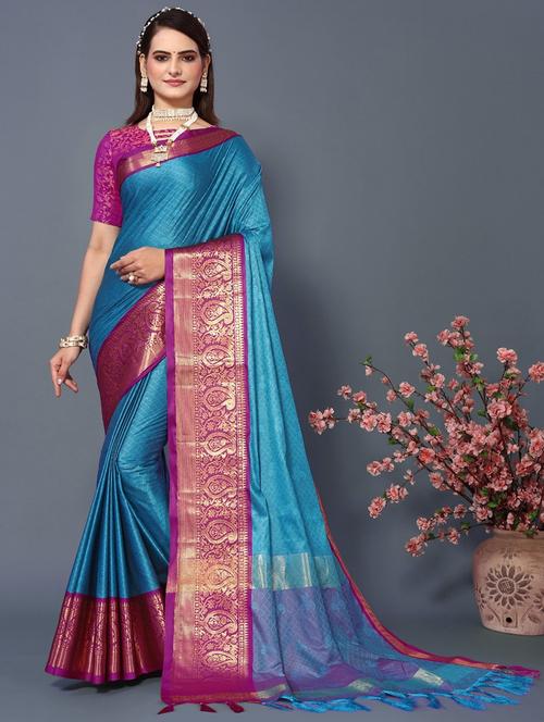 blue self design bordered saree with blouse - 20821639 - Very Small Image - 1