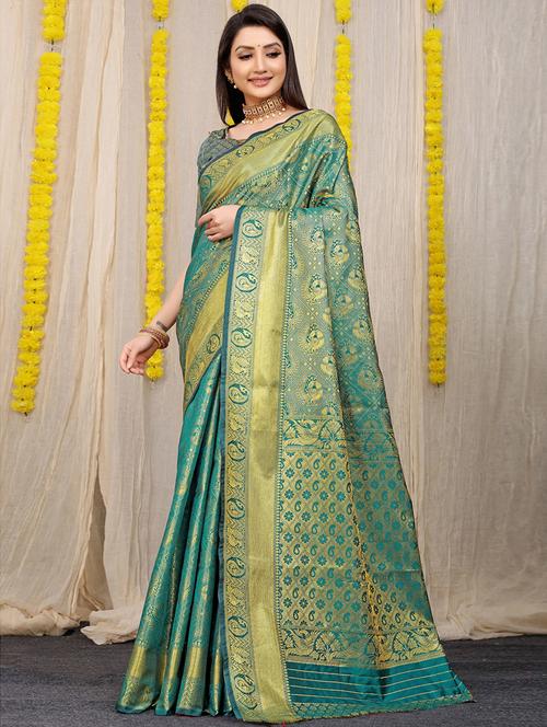 turquoise self design kanjivaram saree with blouse - 20821641 - Very Small Image - 1