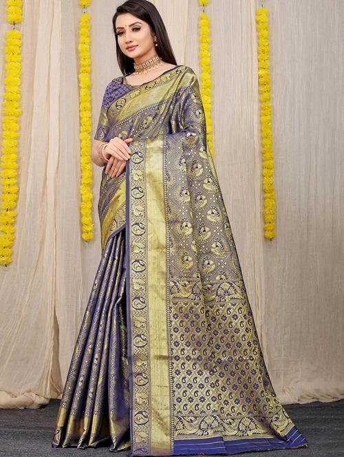 blue self design kanjivaram saree with blouse - 20821644 - Very Small Image - 1