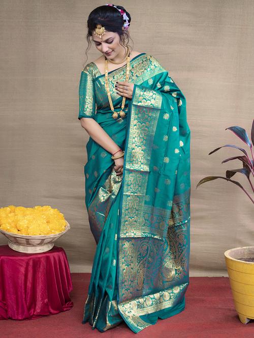 turquoise self design banarasi saree - 20821650 - Very Small Image - 1