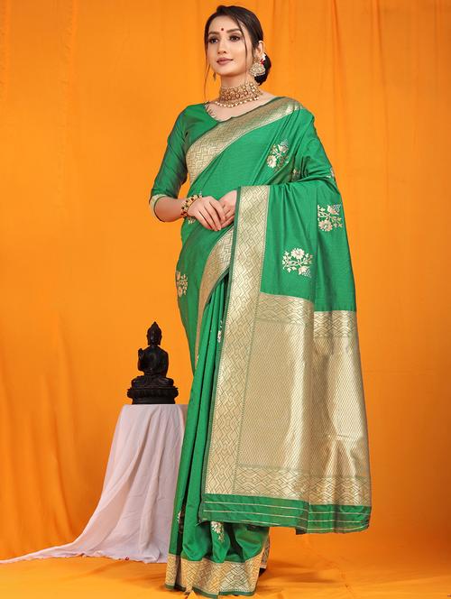 women green self design kanjivaram saree with blouse - 20821671 - Very Small Image - 1