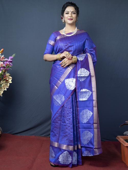 women blue self design banarasi saree with blouse - 20821684 - Very Small Image - 1