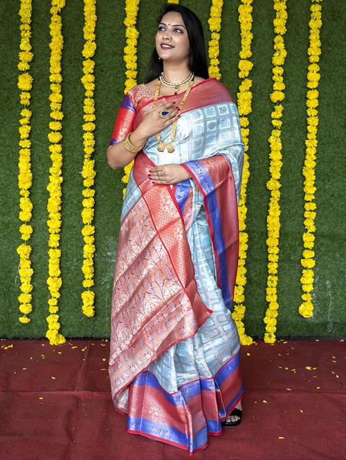 light blue self design kanjivaram saree with blouse - 20821698 - Very Small Image - 1