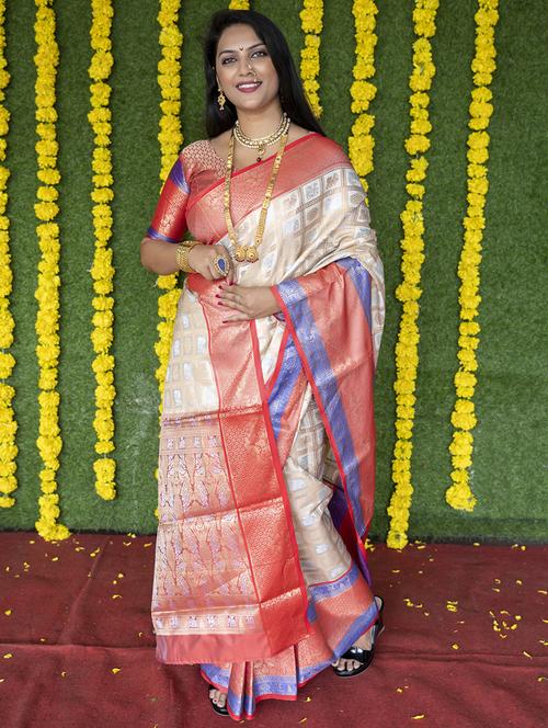 cream self design kanjivaram saree with blouse - 20821701 - Very Small Image - 1