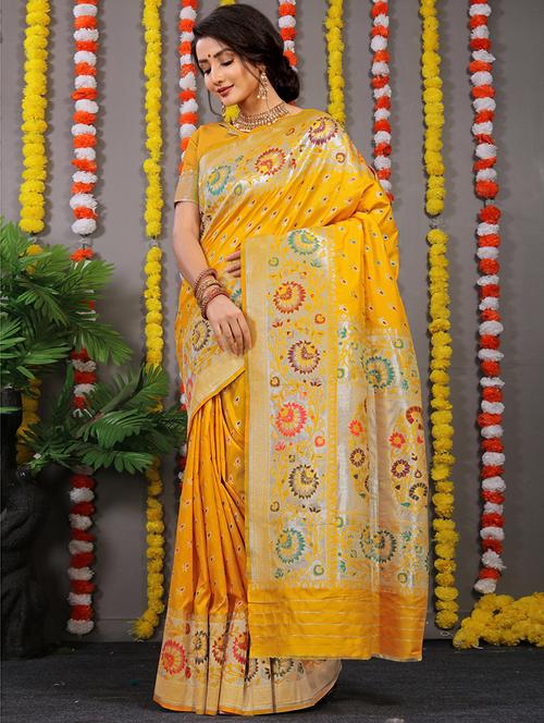 yellow self design kanjivaram saree with blouse - 20821711 - Very Small Image - 1