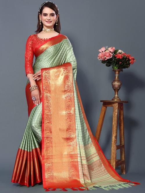 women green self design bordered saree with blouse - 20821747 - Very Small Image - 1