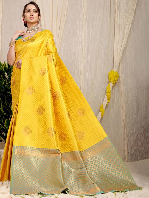 yellow self design kanjivaram saree with blouse - 20821770 - Very Small Image - 1