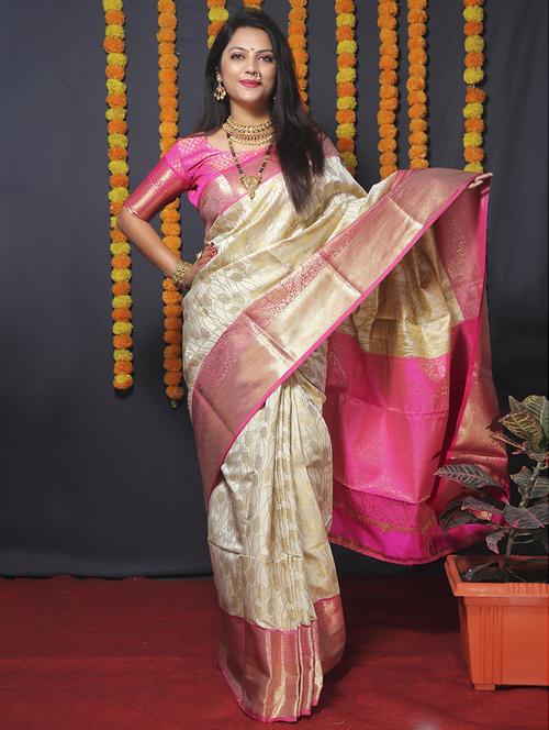 cream self design kanjivaram saree with blouse - 20821779 - Very Small Image - 1