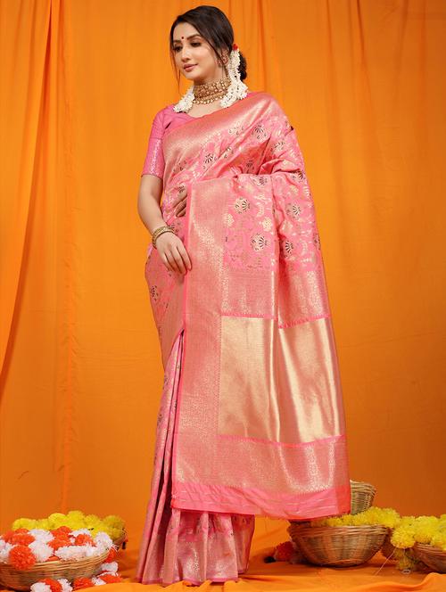 women peach kanjivaram saree with blouse - 20821804 - Very Small Image - 1