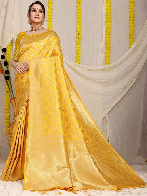 women yellow kanjivaram saree with blouse - 20821820 - Very Small Image - 1
