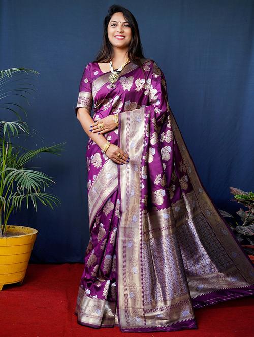 purple self design banarasi saree with blouse - 20821863 - Very Small Image - 1