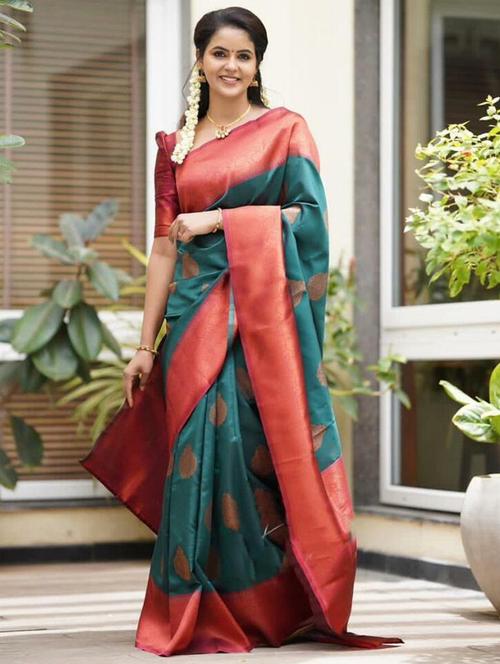 teal self design kanjivaram saree - 20821936 - Very Small Image - 1